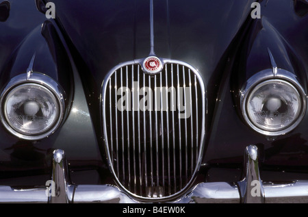 Jaguar XK 150 Coupé, model year 1957-1961, dark grey, detail, details,  radiator, cowling, grill, headlights, headlight, headlam Stock Photo