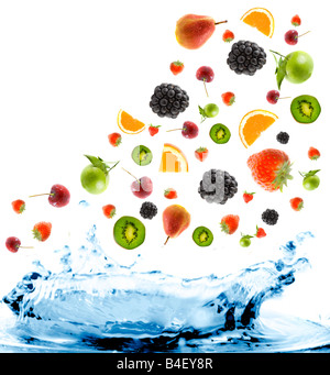 berry and fruit falling in juice. Isolation Stock Photo