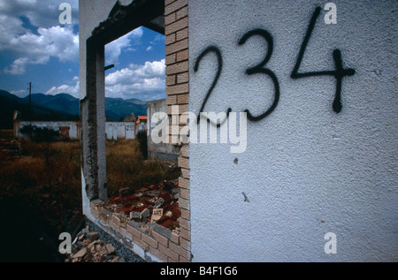 Remains of house 234 in rural village after Kosovo War, detail, Kosovo, Balkans, Southeastern Europe Stock Photo