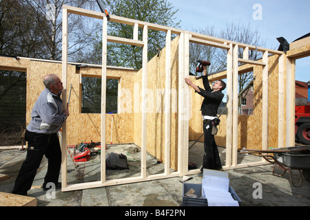 DEU Germany Recklinghausen Construction site of a wooden house Stock Photo