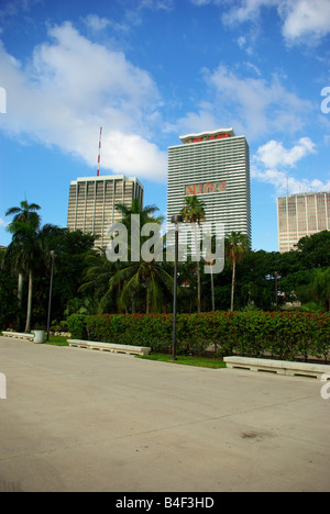 Two skyscrapers seen from a park in downtown Miami, Florida Stock Photo