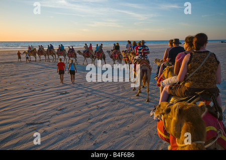 Camel riding at sunset on Cable Beach Broome Western Australia Stock Photo