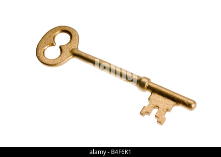 single brass skeleton key on white background Stock Photo