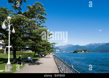 Promenade on the lakefront at Stresa looking towards Isola Bella one of the Isole Borromee Lake Maggiore Italy Stock Photo