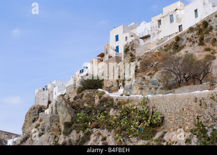 Houses Built into Cliff Top Fortress in Upper Town Chora Isle of Serifos Cyclades Islands Aegean Sea Greece Stock Photo