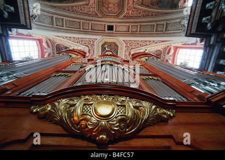 Renovated pipe organ in the Parish Church of St. Stanislaus (Fara Church), Poznan, Poland Stock Photo