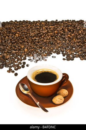 espresso small coffee beans coffeebeans cutout lot pile bunch heap accumulation close up closeup preparing the coffee a cup of c Stock Photo
