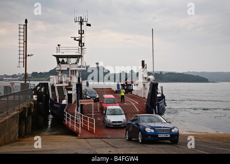 Cars disembarking from the Strangford Ferry at Strangford, County Down, Northern Ireland Stock Photo