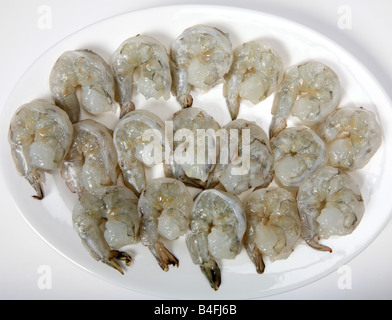 A plate of shelled butterflied prawns ready for cooking on a white plate Stock Photo