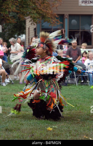 Native American Indian Boy Dancing. The 14th Annual Harvest Pow Wow. Naperville, Illinois, USA. Stock Photo