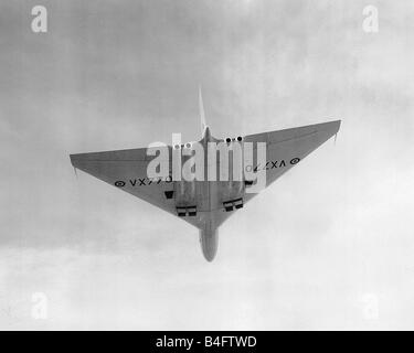 Aircraft AVRO 698 Vulcan VX770 prototype bomber 1952 with air brakes extended during it s flying display at the SBAC Farnborough Air Show 1956 Stock Photo