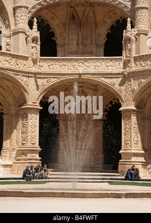 Fountain at the two storey cloisters of Mosteiro dos Jeronimos Stock Photo