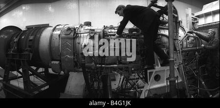 Engineers at the Bristol Siddeley factory working on the Rolls Royce Olympus engine the power behind Concorde March 1963 Stock Photo