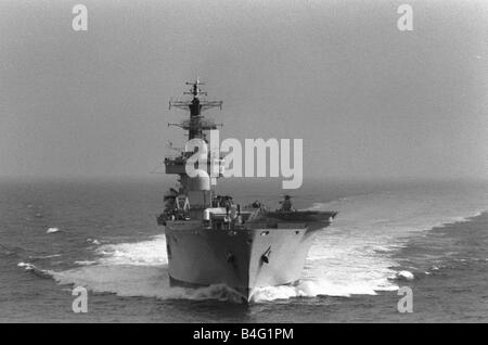 Royal Navy Ships HMS Invincible Aircraft Carrier sailing in the Northern Atlantic October 1985 Stock Photo