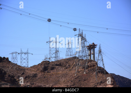 A tangle of power towers and cables leading from Hoover Dam Stock Photo