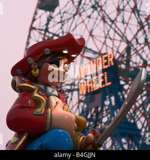 Cartoonish pirate figure with Wonder Wheel Ferris Wheel in background Coney Island New York Stock Photo