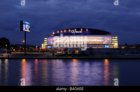 O2 World, with Spree river and East Side Gallery, O2 Arena of the Anschutz Entertainment Group, Berlin Friedrichshain, Germany, Stock Photo