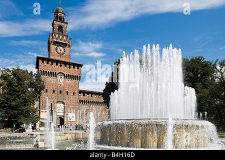 Fountain in front of the entrance to Castello Sforzesco, Milan, Lombardy, Italy Stock Photo