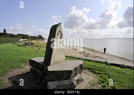 Marker stone at the beginning of the Yorkshire Wolds Way, near the Humber Bridge, Hessle, Hull, Yorkshire Stock Photo