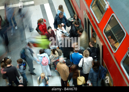 High angle view of tourists at railway platform Stock Photo