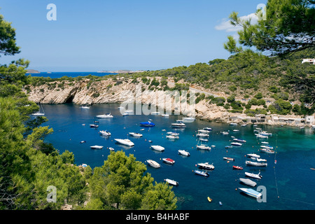 Boats in sea, Cala Vadella, Ibiza, Balearic Islands, Spain Stock Photo
