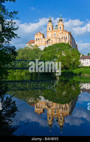 Reflection of abbey in water, Stift Melk, Danube River, Wachau, Lower Austria, Austria Stock Photo