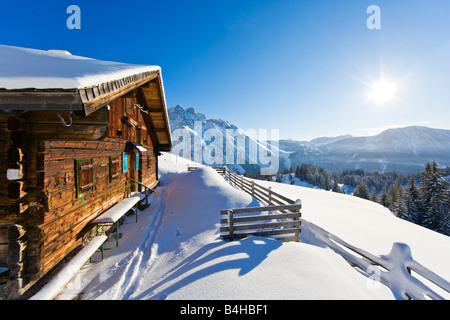 Snowcovered fence in front of mountain cabin, Elmaualm, Tennengebirge, Salzachtal, Hagengebirge, Salzburger Land, Austria Stock Photo