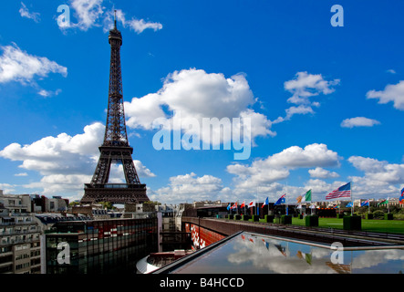 Flags on building in front of tower, Quay Branly Museum, Eiffel Tower, Paris, Ile-de-France, France Stock Photo