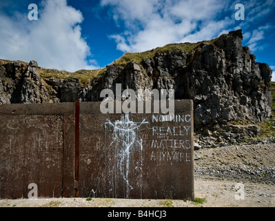 Graffiti on a wall in the abandoned Blaen Onneu quarry in Wales. Stock Photo