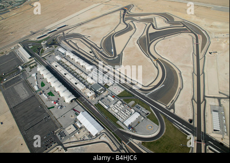 Aerial shot of Bahrain International Circuit BIC Car racing in the desert. Grand Prix F1 Formula 1 one race motor Stock Photo