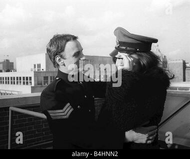 John Thaw March 1966 Actor aged 24 years old starring as Sgt John Mann in ABC Production Redcap for BBC Television Pictured with Diana Rigg Actress during Photocall on the roof of ABC TV in Hanover Square London Diana Rigg Emma Peel star of The Avengers TV Programme current series just ended wishes luck to John Thaw whose new Redcap series is about to begin 1960s Actors Actresses TV Programmes Entertainment Stock Photo