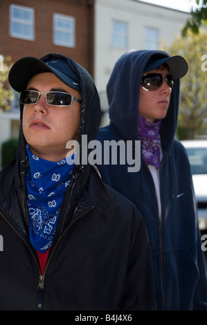 2 teenage boys in hoodies and dark glasses Stock Photo