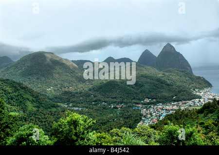 view of the grand pitons in st. lucia  an aerial viewpoint from soufriere Stock Photo