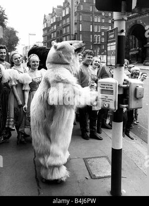 The omsk Russian Dancers and singers in London on tour The big white bear played by Grigiri Neroslavski at a Pedestrian crossing outside the Royal Albert Hall September 1967 Stock Photo