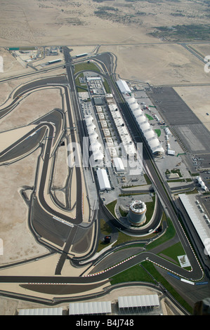 Aerial shot of Bahrain International Circuit BIC Car racing in the desert. Grand Prix F1 Formula 1 one race motor Stock Photo