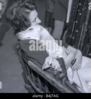 Rosie the bloodhound at crufts dog show animal dog asleep sleeping on ladies shoulder sitting on chair February 1964 1960s Stock Photo