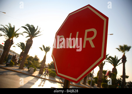 Palm trees and stop sign at Cesme, Izmir area, Turkey Stock Photo