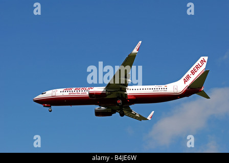 Air Berlin Boeing 737 800 aircraft approaching Birmingham International Airport, UK Stock Photo