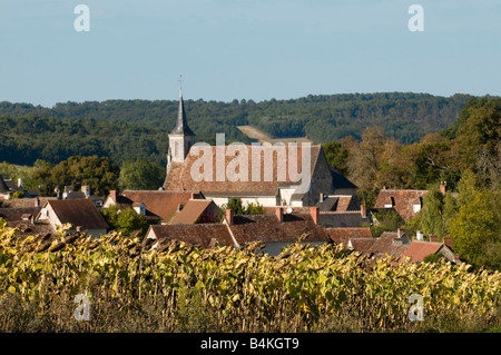 Boussay village church and sunflowers, Indre-et-Loire, France. Stock Photo