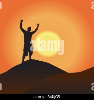 A silhouette of a man atop a mountain with his arms raised up in the ...