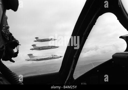 Fleet Air Arm Aircraft Blackburn Buccaneer July 1962 A formation of 3 Bucaneers from 801 Squadron from RAF Lossiemouth in Scotland fly in formation along the Scottish coast Photo taken from the cockpit of a Hawker Hunter T8 Mirrorpix Stock Photo