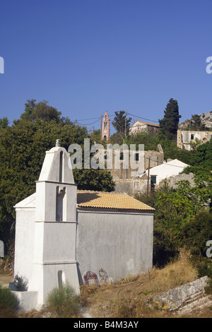 Abandoned and derelict stone houses in USESCO world heritage site of Old Perithia in Corfu, Greece Stock Photo