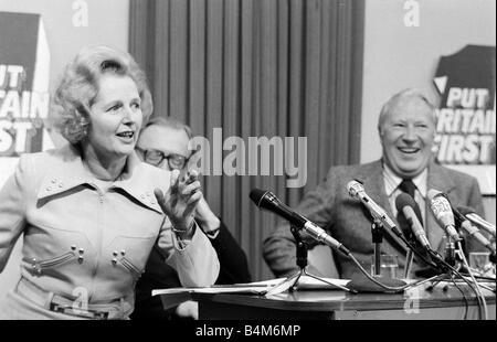 Margaret Thatcher conservative spokesman for Education October 1974 seen here at a Election Press Conference with Edward Heath Stock Photo