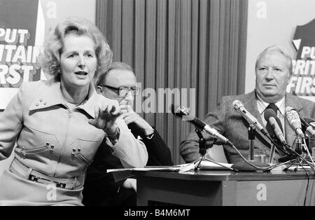 Margaret Thatcher conservative spokesman for Education October 1974 seen here at a Election Press Conference with Edward Heath Stock Photo