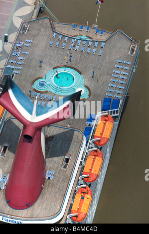 aerial above Carnival Fantasy cruise ship docked at New Orleans Louisiana Stock Photo