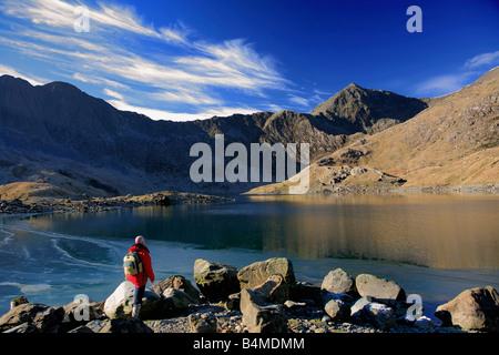 Mount Snowdon Summit Walker at Llyn Llydaw Snowdonia National Park Gwynedd North Wales Britain UK Stock Photo