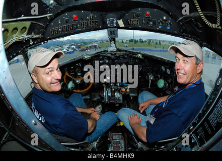 Pilots in cockpit of legendary old airliner Douglas  DC-3 Dakota,  Anchorage, Alaska, USA Stock Photo