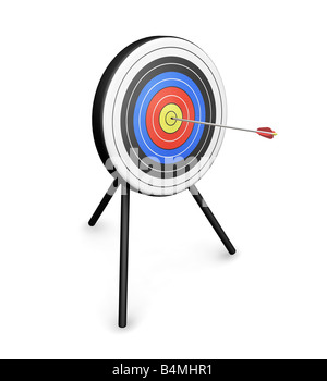 3D render of an arrow hitting the bullseye Stock Photo