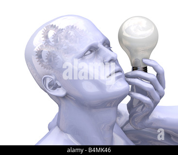 3D render of a man thinking with a lightbulb and gears working in his head Stock Photo