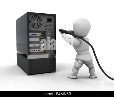 3D render of someone plugging a cable into a computer Stock Photo